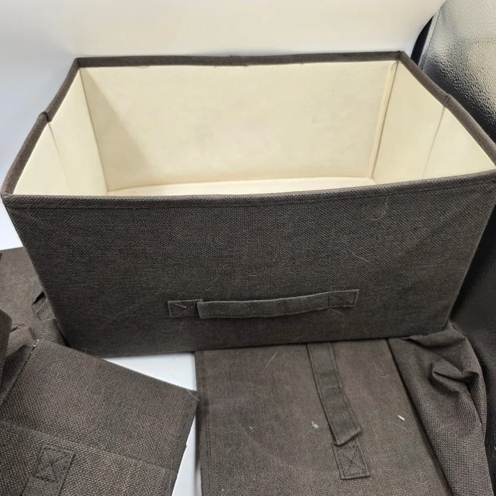 Brown Fabric Collapsible Storage Bins Set with Handles Woven Closet Organizers